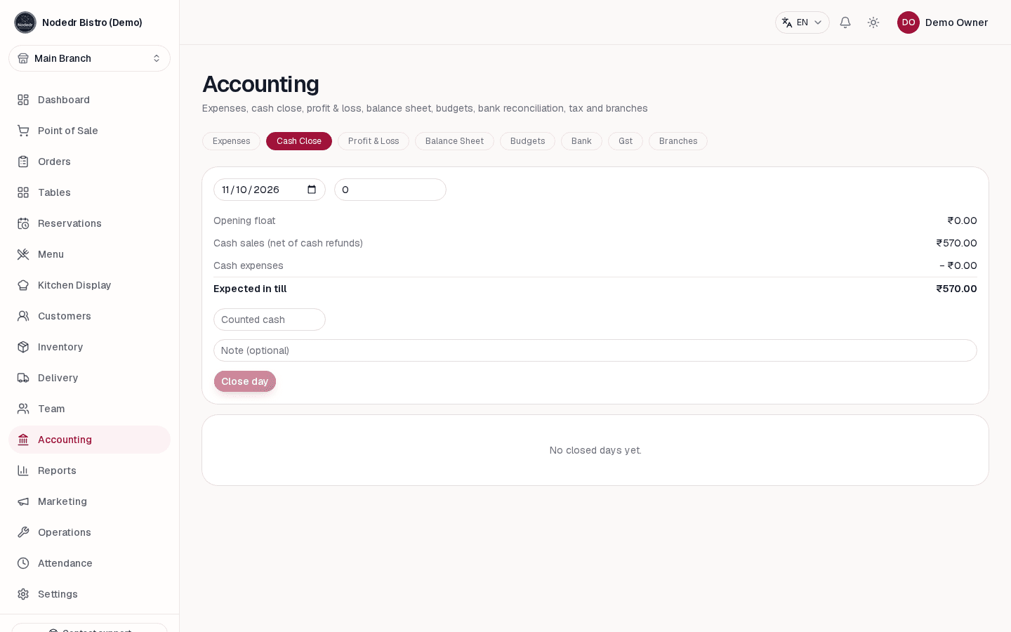 OrderRestro cash close screen showing shift reconciliation