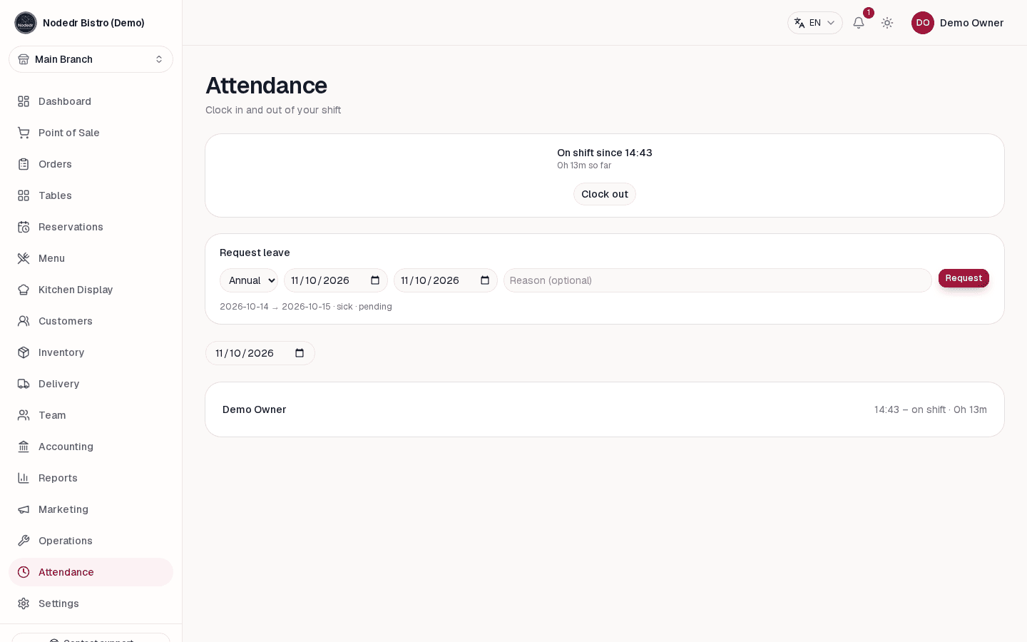 OrderRestro staff attendance and clock-in records