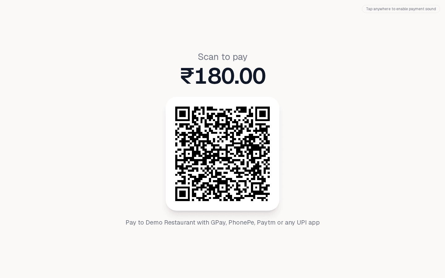 OrderRestro customer-facing display showing the UPI payment QR