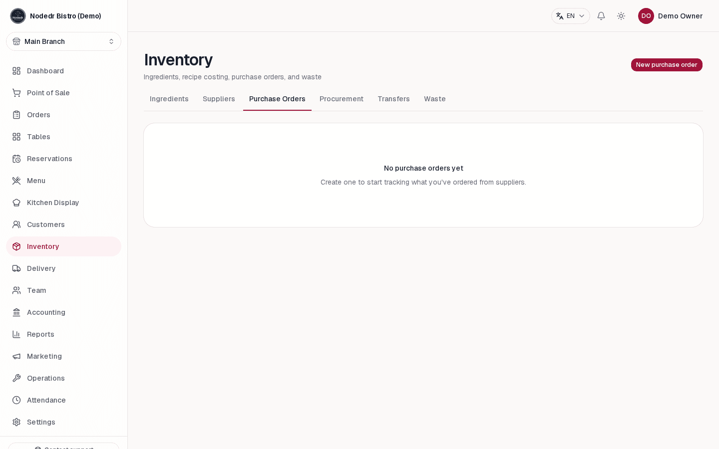 OrderRestro purchase order for replenishing restaurant stock