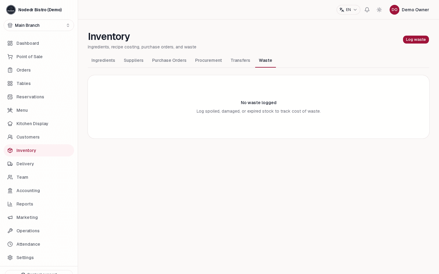 OrderRestro inventory waste log for recording discarded ingredients