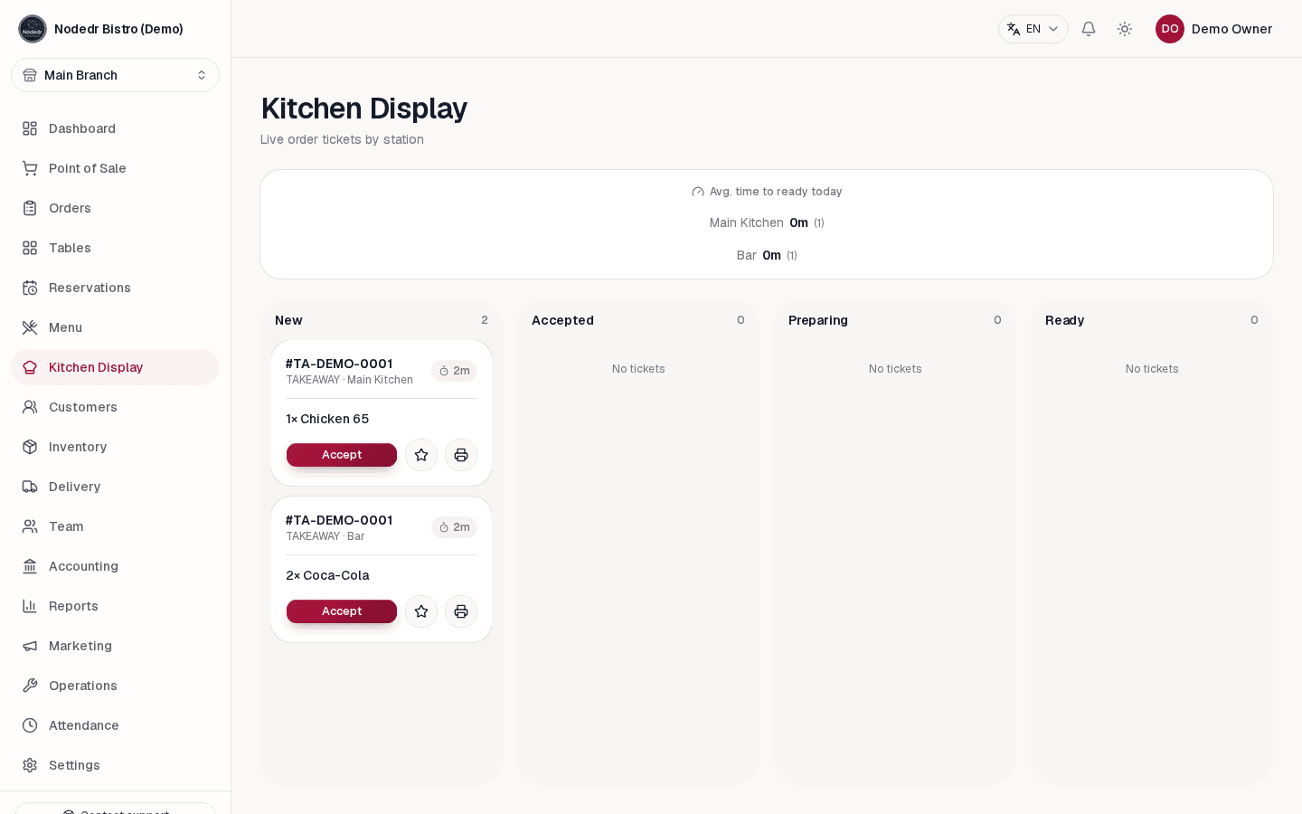 OrderRestro Kitchen Display with live order tickets