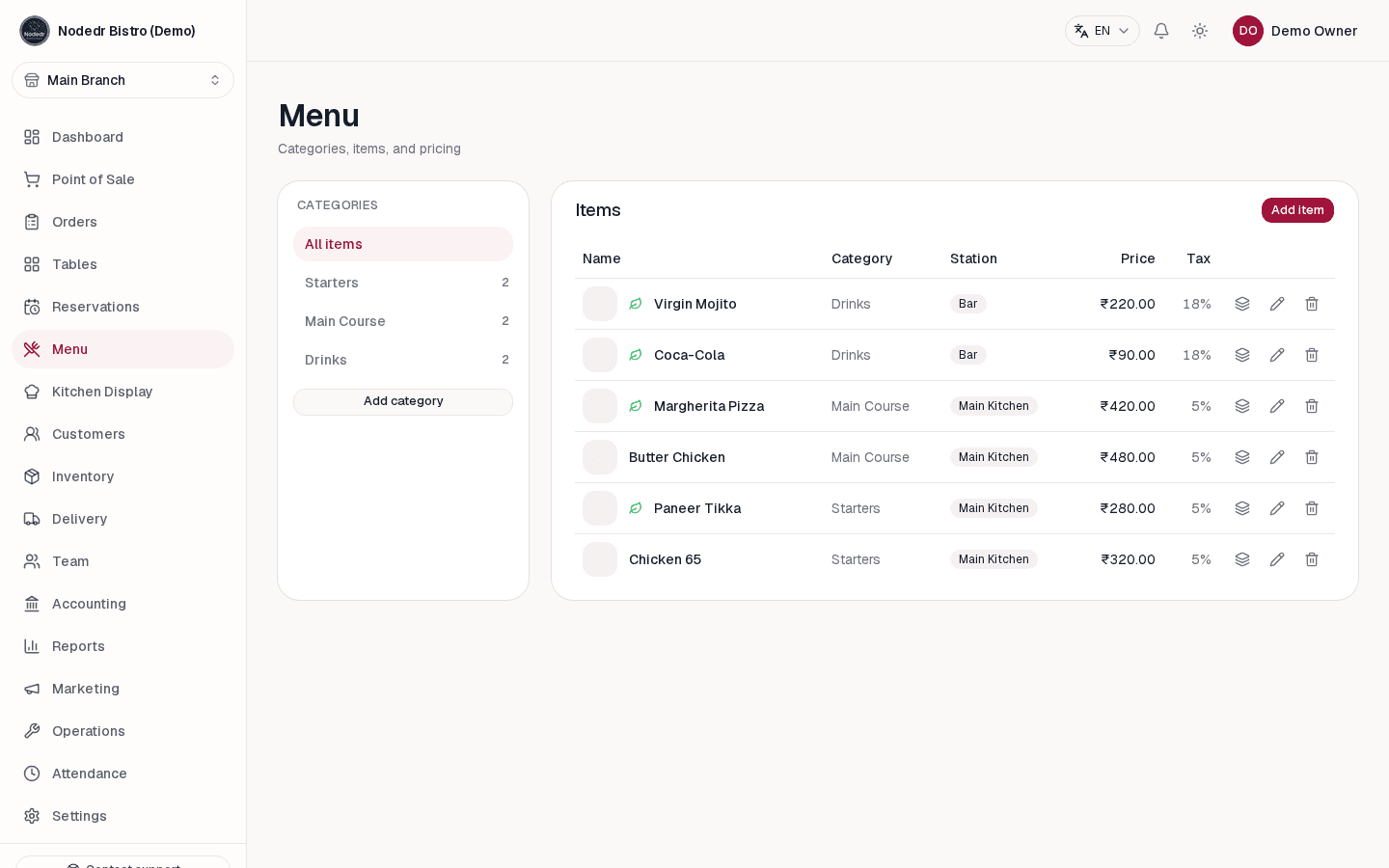 OrderRestro menu management showing restaurant menu items