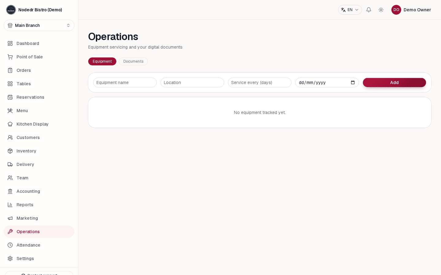 OrderRestro restaurant operations screen for maintenance and documents