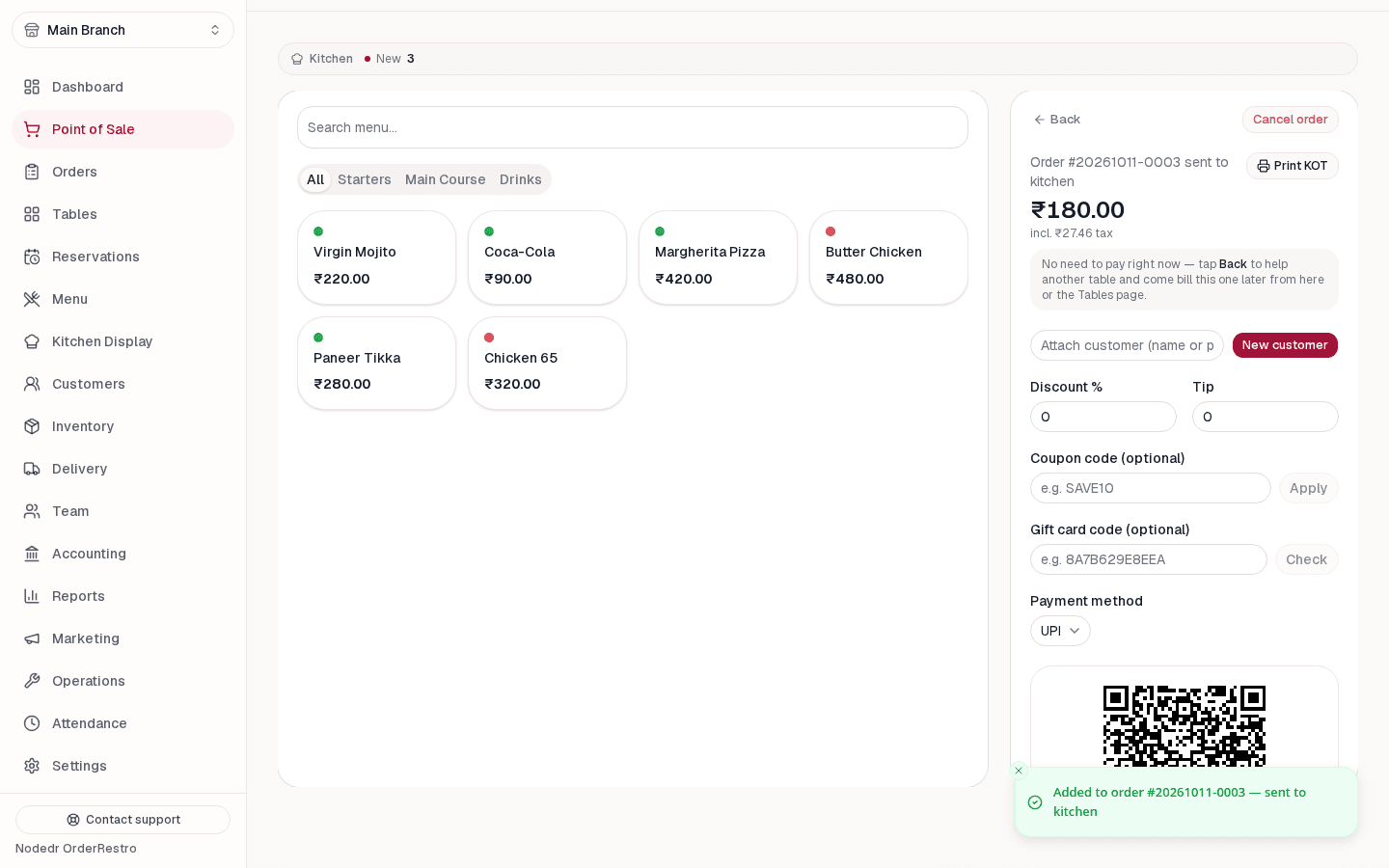 OrderRestro checkout showing a QR code for the bill's exact UPI amount