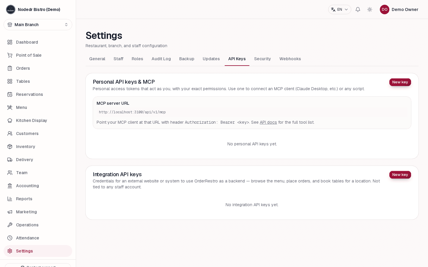 OrderRestro API key management for connected services
