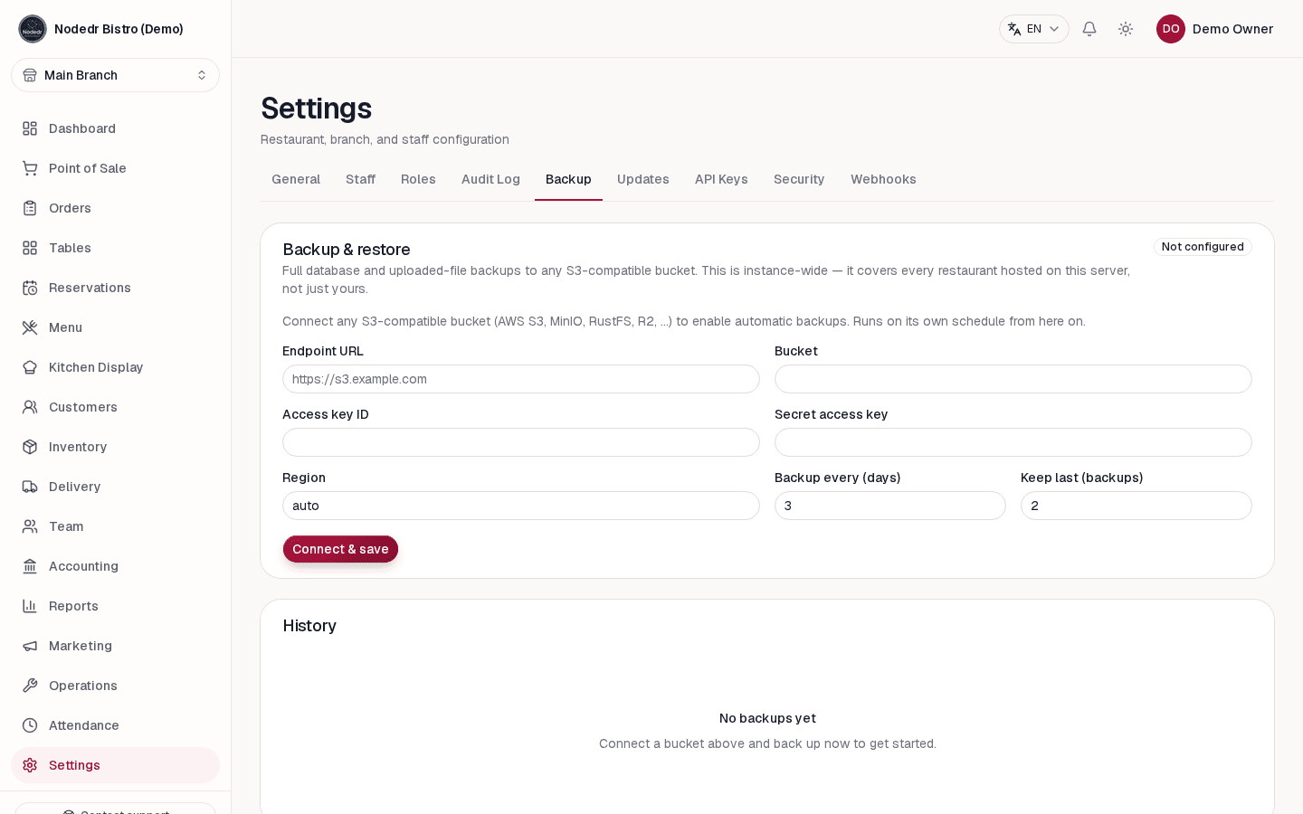OrderRestro backup and restore settings