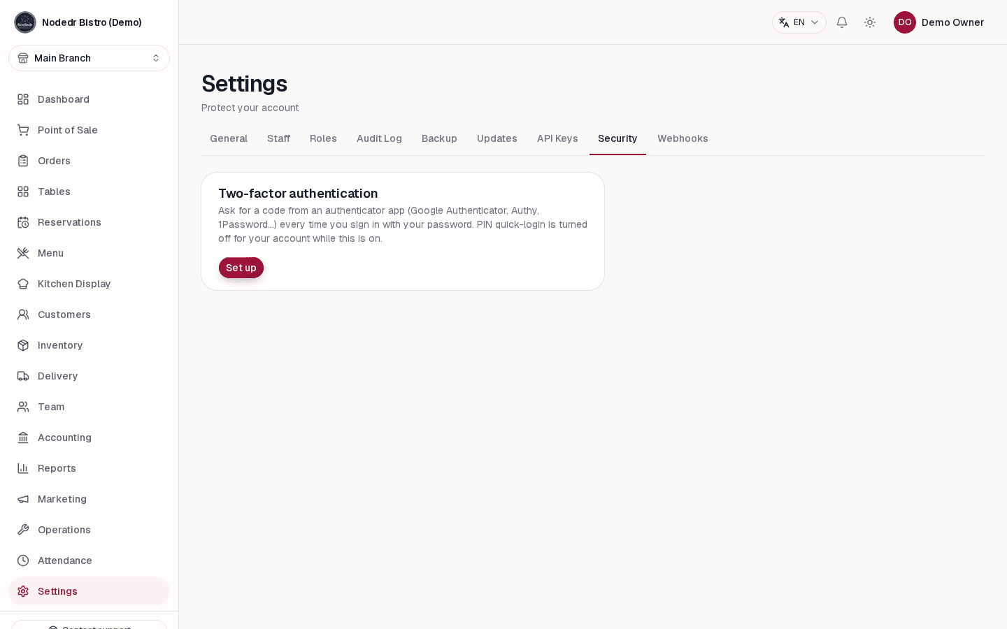 OrderRestro security settings including two-factor authentication