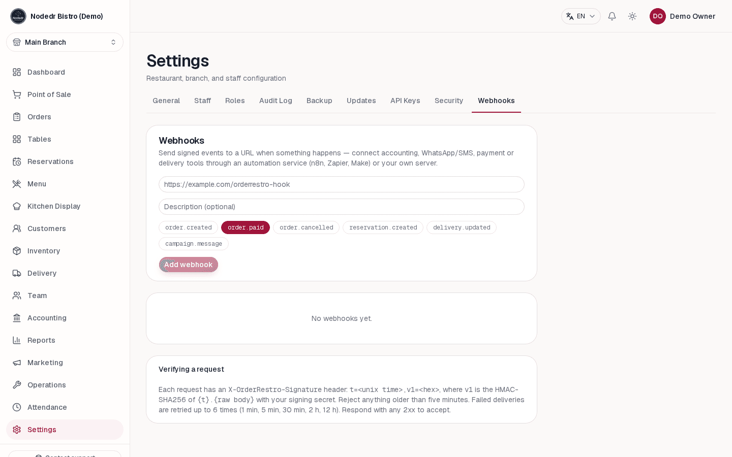 OrderRestro webhook settings for sending restaurant event updates