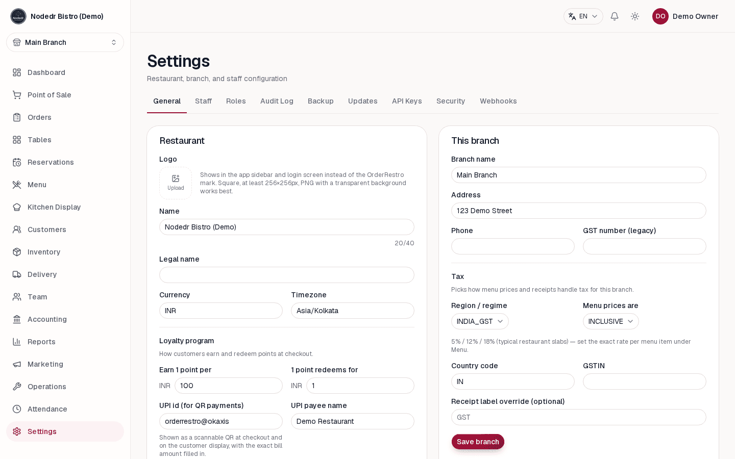 OrderRestro restaurant and branch settings