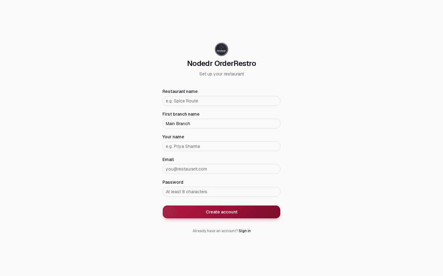 OrderRestro sign-up screen for creating the restaurant owner account
