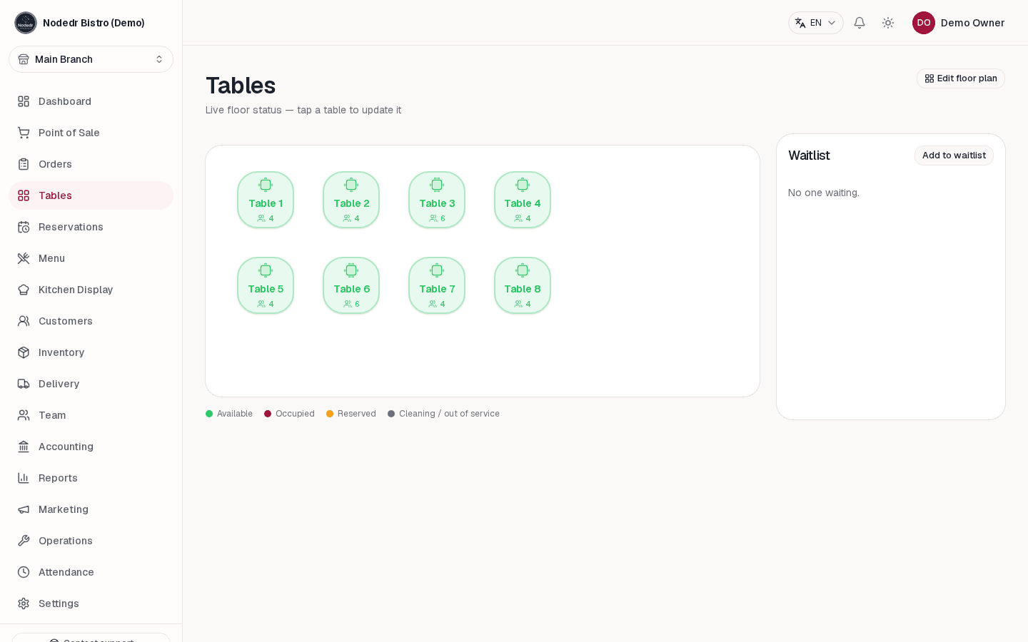 OrderRestro visual restaurant floor plan with table statuses