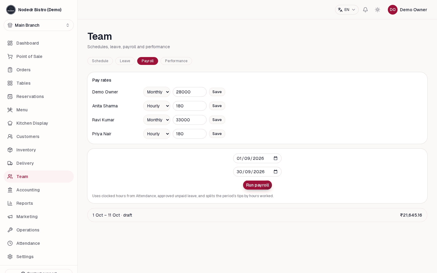 OrderRestro team management and payroll screen