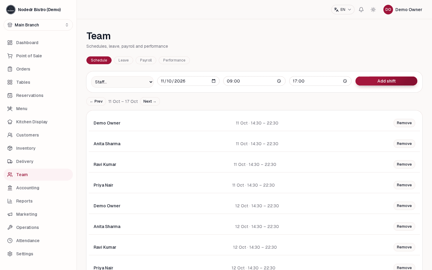OrderRestro staff shift schedule calendar