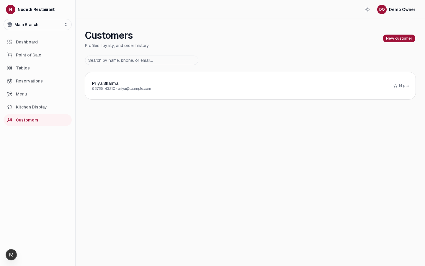 NodeDR OrderRestro customer profile with loyalty points and visit history