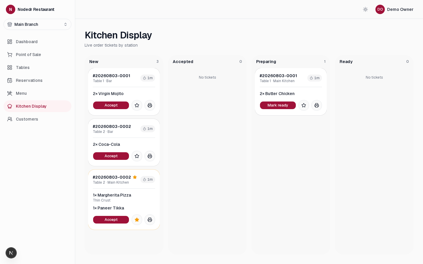 NodeDR OrderRestro kitchen display screen with tickets in New, Accepted, Preparing, and Ready columns