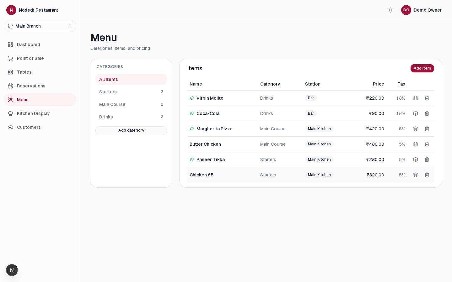 NodeDR OrderRestro menu management screen with a combo meal builder