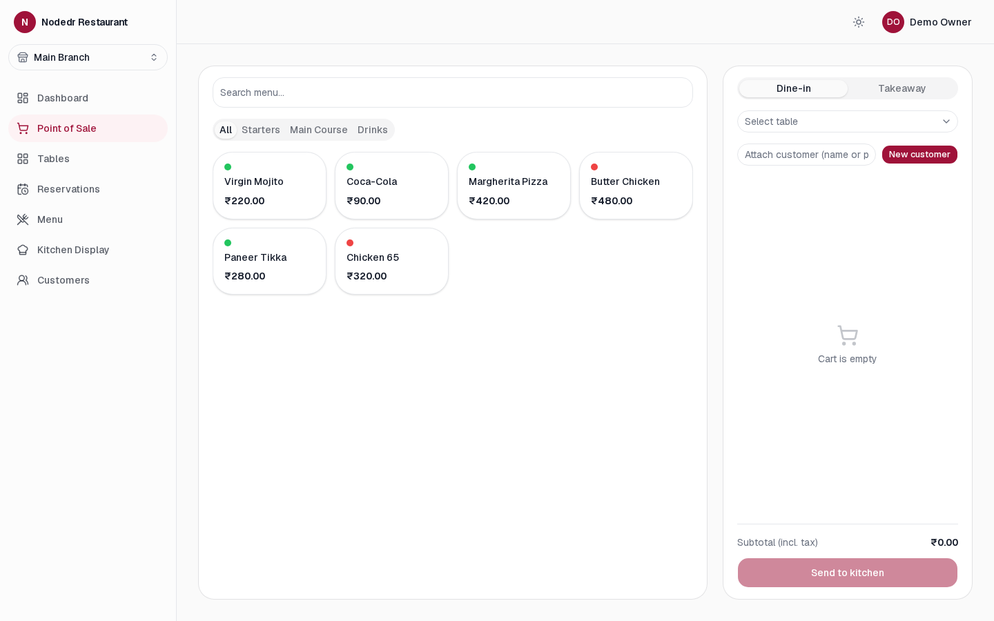 NodeDR OrderRestro point of sale screen with a menu grid and an order cart for dine-in or takeaway