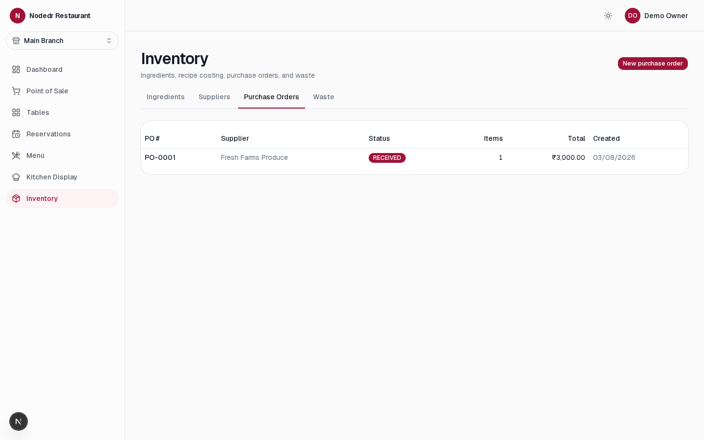 NodeDR OrderRestro purchase orders screen listing supplier, status, and total