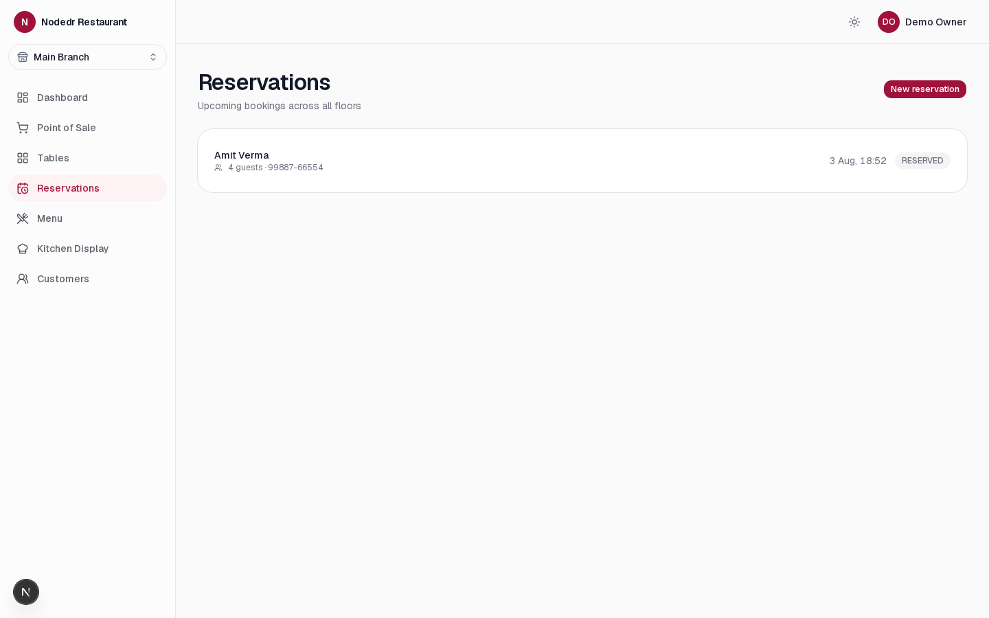 NodeDR OrderRestro reservations screen for managing bookings and seating